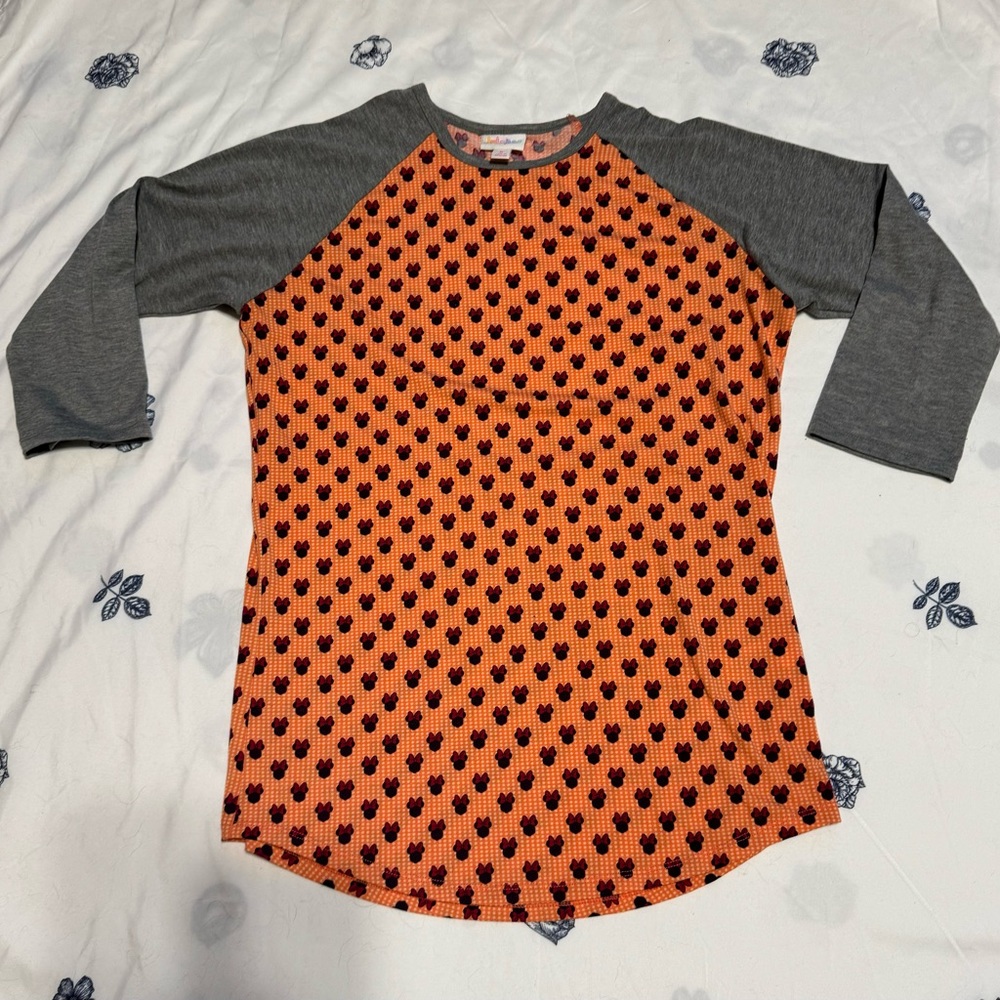 Women’s LuLaRoe 3/4 Sleeve Orange Grey Shirt. Disney Mickey Minnie Mouse Design.